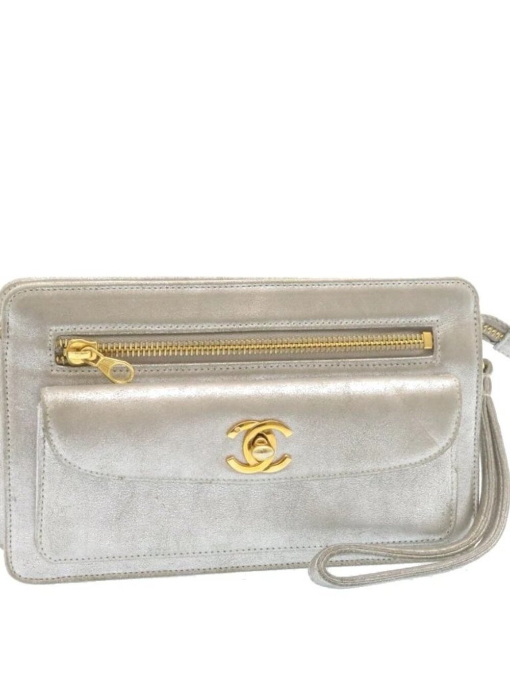 CHANEL Clutch Bag Leather Silver CC Auth 26857A